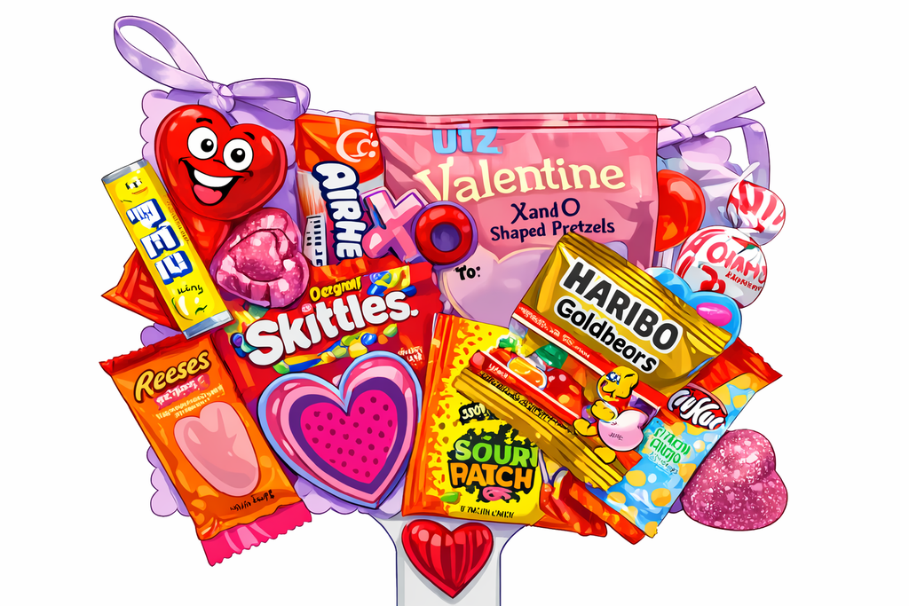 Assorted candy bouquet with Valentine's Day theme on a white background
