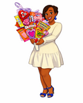 Illustration of a woman holding a bouquet of candy packages on a white background